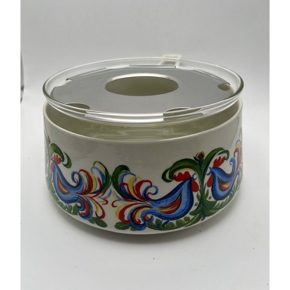 Vtg Villeroy & Boch Rooster Design Fondue Pot With Glass Insert & Lid Porcelain - Picture 5 of 16